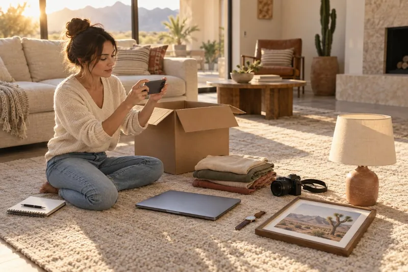 A homeowner photographing belongings item by item on a living room floor to build a home inventory