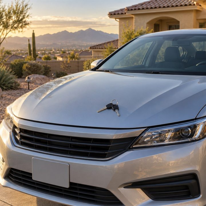 A silver sedan with a blank license plate parked in a Henderson, Nevada driveway at sunset, car keys resting on the hood